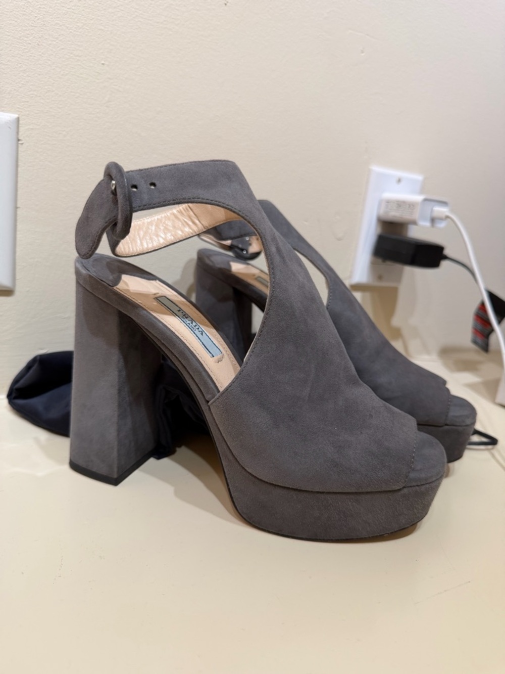 Prada Charcoal Suede Platform Sandal with Buckle Ankle Strap - Picture 3 of 10